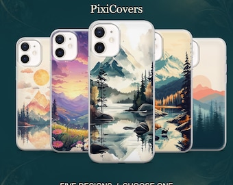 May include: Five clear smartphone cases featuring distinct landscape illustrations of mountains, forests, lakes, and sunsets. The text PixiCovers and FIVE DESIGNS / CHOOSE ONE is visible. Each case displays a unique nature-themed graphic print.