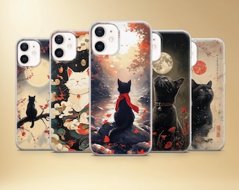 Japanese Cat Phone Case, Moonlit Sakura Blossom Art