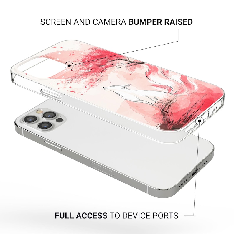 Puede incluir: Funda transparente para tel&eacute;fono con un dise&ntilde;o de acuarela que presenta un zorro blanco y detalles florales rojos y rosas. La funda se muestra sobre un tel&eacute;fono plateado, con el texto "SCREEN AND CAMERA BUMPER RAISED" y "FULL ACCESS TO DEVICE PORTS".