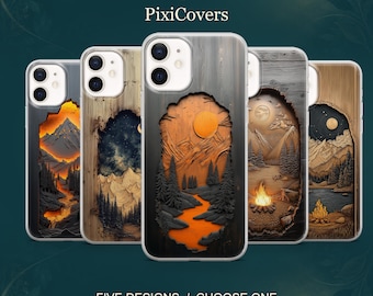 Mountain Phone Case Forest Woodcut Cover for iPhone 18 Pro, 17, 16, 15, 14, 13, Samsung S26, S25, S24, S23, A17,A57, A37 Pixel 11,10
