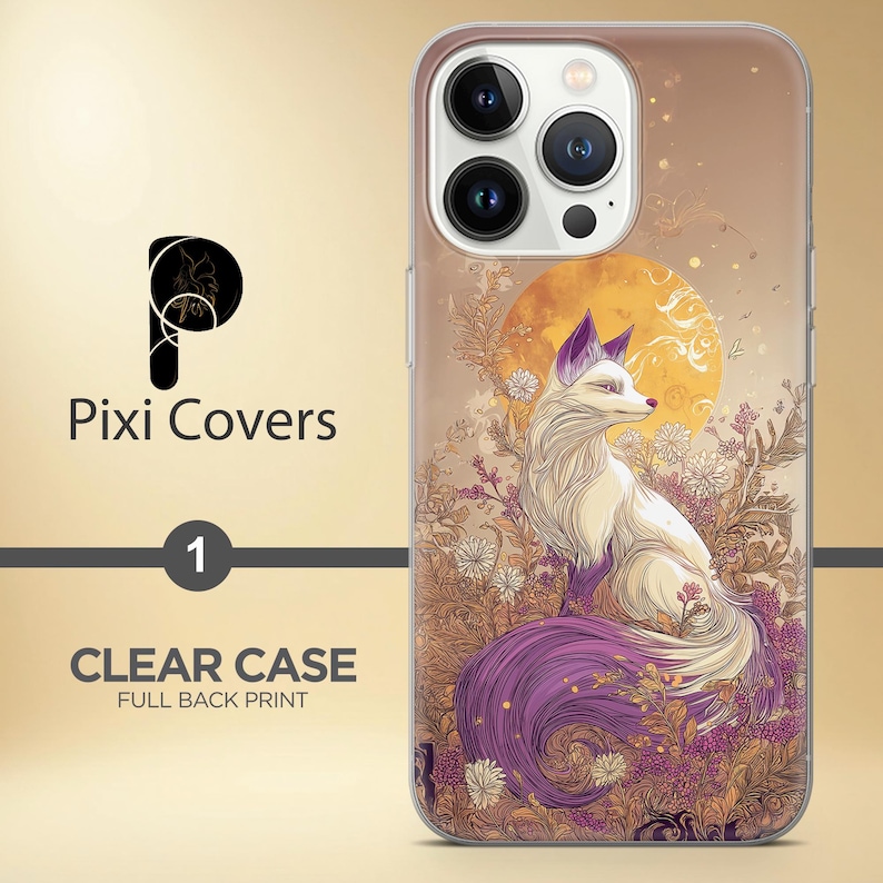 Puede incluir: Funda transparente para tel&eacute;fono con impresi&oacute;n completa en la parte trasera. Presenta un zorro blanco con detalles morados, sobre un fondo de sol dorado y flores. El texto "Pixi Covers" y "Clear Case" es visible.