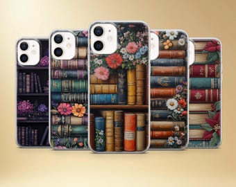 Library Bookshelf-telefoonhoesje, bloemencover voor iPhone, Samsung, Pixel