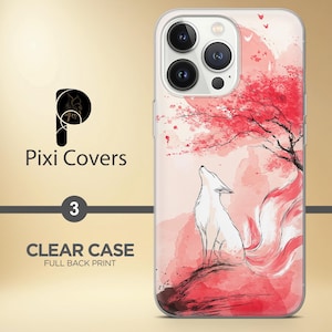 Puede incluir: Funda transparente para tel&eacute;fono con impresi&oacute;n completa en la parte trasera que presenta un zorro blanco aullando a un &aacute;rbol rojo y un cielo rosa. La funda tiene el texto "Pixi Covers" y "Clear Case".