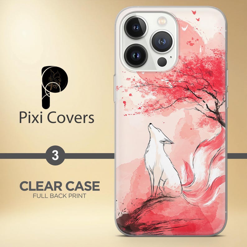 Puede incluir: Funda transparente para tel&eacute;fono con impresi&oacute;n completa en la parte trasera que presenta un zorro blanco aullando a un &aacute;rbol rojo y un cielo rosa. La funda tiene el texto "Pixi Covers" y "Clear Case".