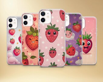 漫画風イチゴ柄スマホケース、かわいいフルーツカバー（iPhone、Samsung、Pixel対応）