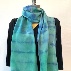 Hand-dyed Silk crepe scarf, Deep green and blue scarf, silk scarf, extra long scarf