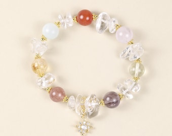 Pulsera de cuentas de cristal multicolor de 10 mm, pulsera elástica con mezcla de cuarzo, regalo minimalista y colorido para ella.