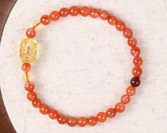 Pulsera de cuentas de ámbar Pixiu con ágata naranja, pulsera elástica de ámbar miel, joyería de regalo para la prosperidad