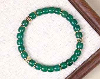 Pulsera de cuentas de oro verde, pulsera brillante de estilo gema sintética, elegante regalo de joyería para el día a día.