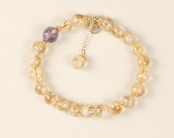 Pulsera de cuentas de citrino y amatista de 9,8 mm, pulsera elástica de cuarzo natural, regalo minimalista para ella.