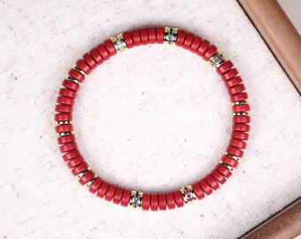 Pulsera de cuentas rojo intenso con detalles dorados, pulsera roja y dorada, joyería minimalista para el día a día, regalo para ella.