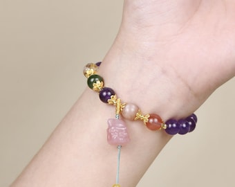 Pulsera multicolor de cuentas de piedras preciosas con dije de zorro de amatista, cuarzo, jaspe, piedra lunar y ágata, regalo colorido