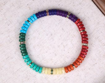 Pulsera multicolor de cuentas con detalles en tono dorado, cuentas sintéticas coloridas de 6,5 mm, regalo vibrante para ella, preventa.