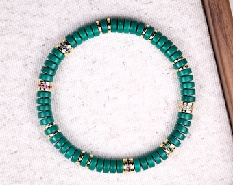 Pulsera de cuentas estilo turquesa azul con detalles dorados, pulsera de piedra sintética de 6,5 mm, regalo elegante