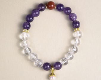Pulsera multicolor de cuentas de cristal con cuarzo transparente, amatista, ágata roja y perla. Un elegante regalo para cualquier ocasión.