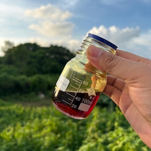 May include: A clear glass laboratory bottle with a blue screw cap containing a dark amber liquid. The bottle features white graduation markings up to 100ml, the text 'APPROX', and a logo with the letter 'S' and Chinese characters printed on the side.