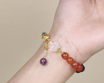 Pulsera de cuentas de cuarzo amatista y ágata roja, pulsera de piedras preciosas multicolor, regalo elegante para ella.