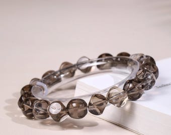 Pulsera de cuentas facetadas de cuarzo ahumado de 10 mm, pulsera elástica de cristal gris oscuro, regalo minimalista.