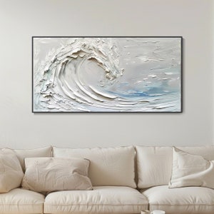 3D Minimalist White Waves Art Abstract Seascape Canvas Oil Painting Modern Gesso Style Canvas Oil Painting Large Exquisite Ocean Landscape