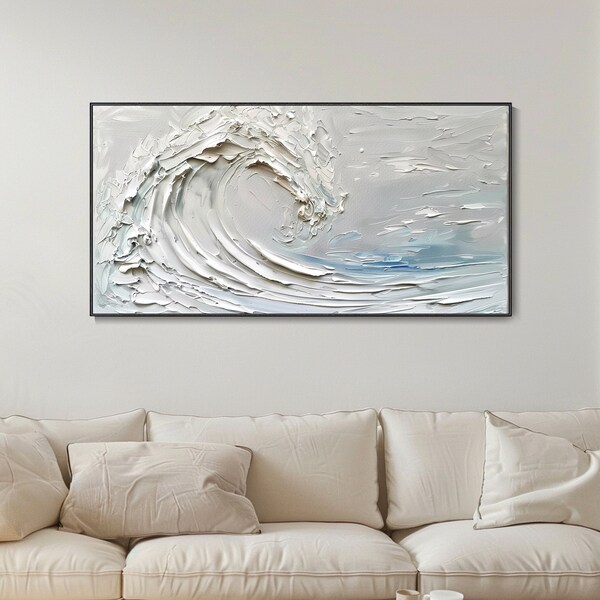 3D Minimalist White Waves Art Abstract Seascape Canvas Oil Painting Modern Gesso Style Canvas Oil Painting Large Exquisite Ocean Landscape