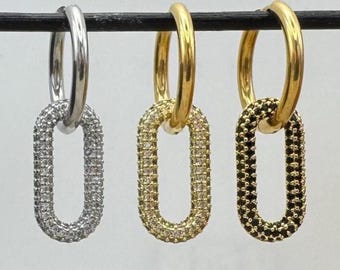 Paperclip hoop earrings with rhinestone pendants, crystal hoops, stainless steel earrings in silver, gold, black with oval crystal pendants