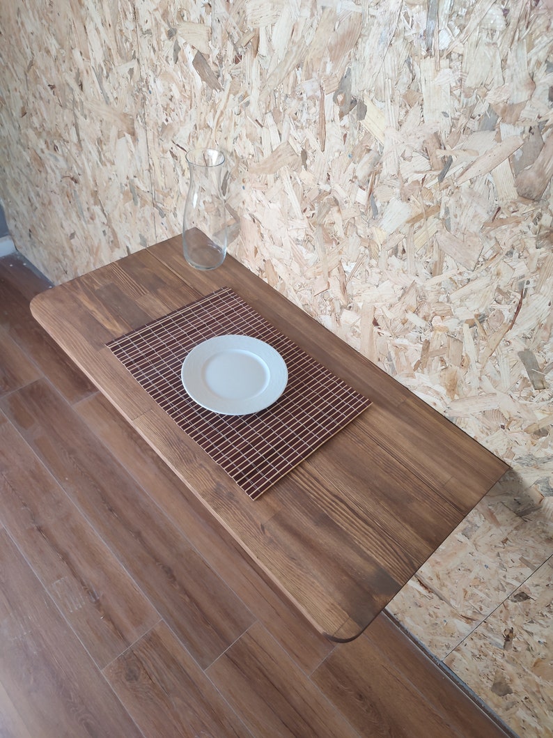Bureau escamotable en bois massif naturel, table pliante murale avec étagères, table gain de place, table de cuisine flottante, table escamotable, bureau pliable image 3