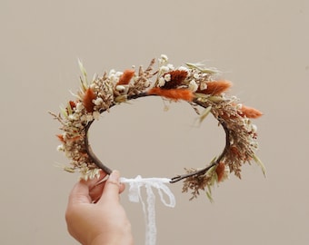 Burnt Orange Dried Flower Crown: Bohemian Bridal Wedding Hair Accessory