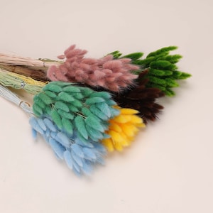May include: A bouquet of dried bunny tail grass in six different colors: pink, green, brown, yellow, light blue, and dark blue. The stems are tied together with twine.