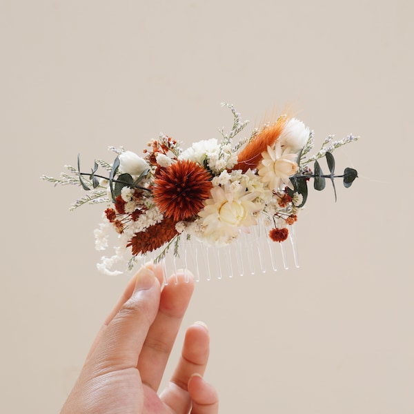 Burnt Orange Dried Flower Hair Comb: Bohemian Wedding Accessory