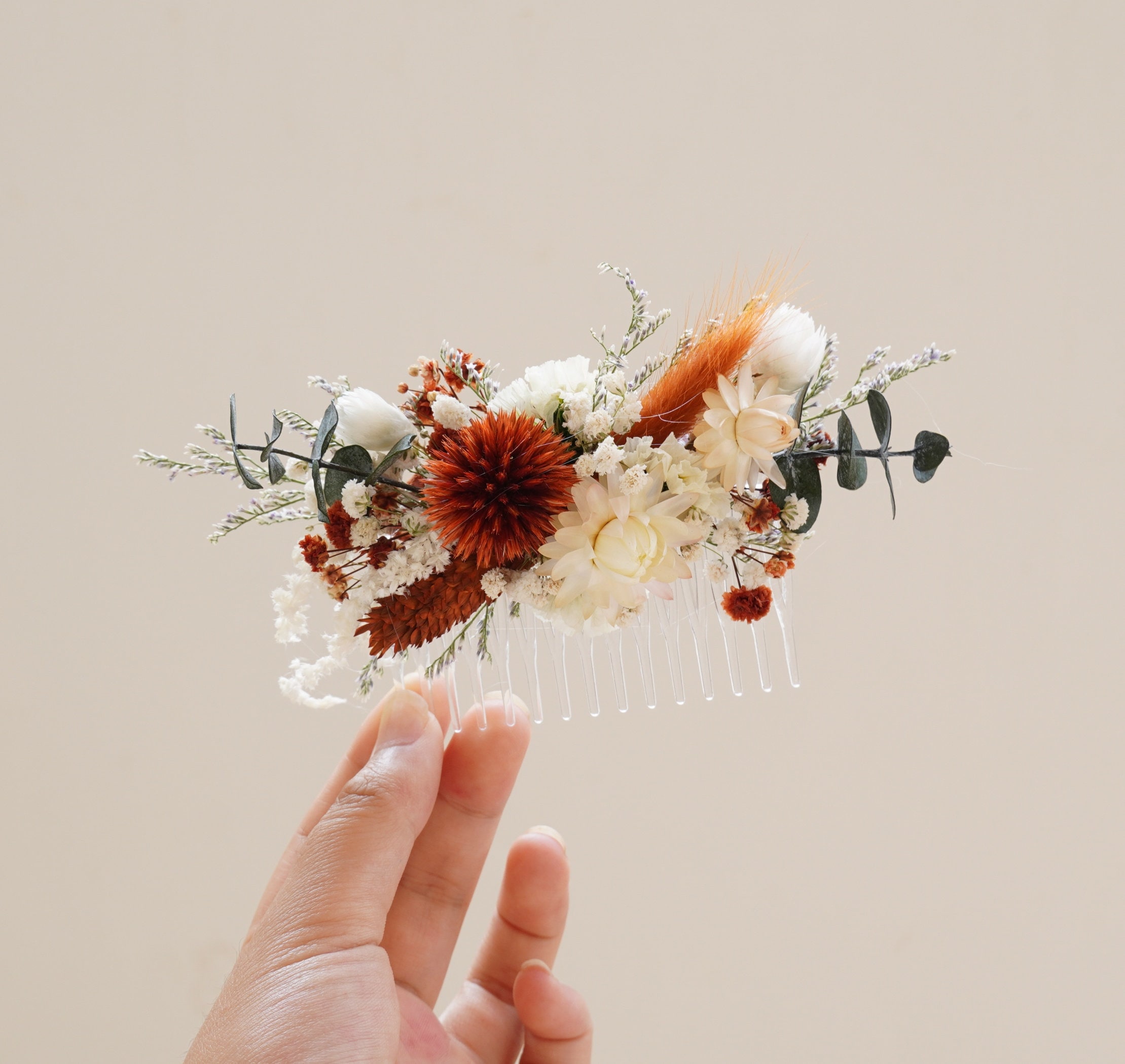 Burnt Orange Dried Flower Hair Comb,Eucalyptus leaves Bohemian wedding bride comb, Baby breathing boutonniere&corsage, wedding hairpin