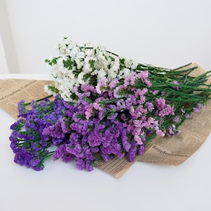 May include: A collection of dried flowers in shades of purple, white, and pink, with green stems. The flowers are arranged on a piece of vintage newspaper. The flowers are a mix of textures and colors.