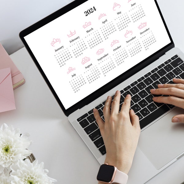 2024 Princess Calendar Desktop and Laptop Screensaver | Princess Tiara Calendar | Pink Princess | Aesthetic Calendar | Digital Calendar