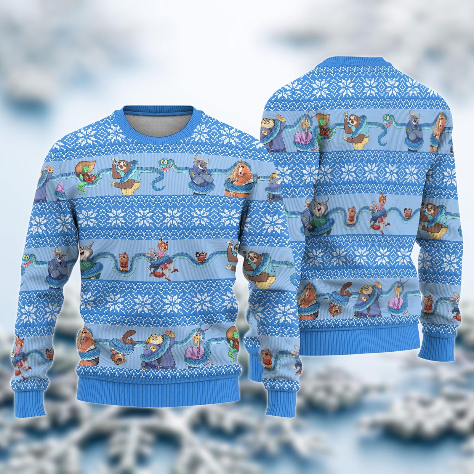 Discover Zootopia Ugly Christmas Sweater, Blue Holiday Knit Jumper, Cartoon Character Winter Pullover, Festive Unisex Xmas Sweater