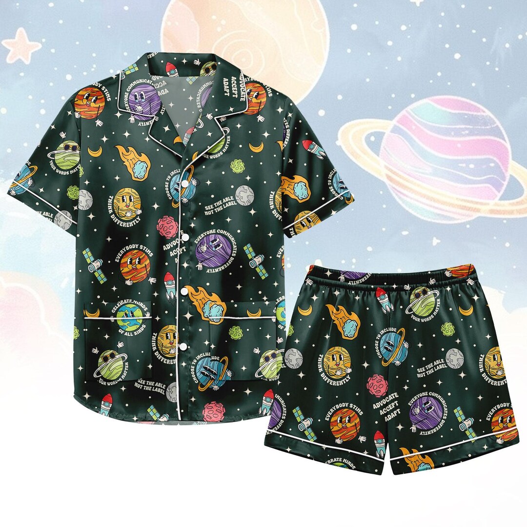 Space Theme Short Satin Pjs Set, Galaxy Satin Pajamas, Cosmic Short ...