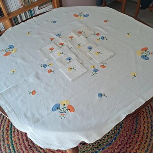 Könnte beinhalten: Weißes Tischtuch und passende Servietten mit gestickten Blumenmustern in Blau, Orange und Gelb. Das Tischtuch liegt auf einem Holztisch mit einem bunten Teppich darunter. Ein Satz Servietten ist ordentlich auf dem Tischtuch angeordnet.