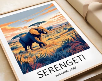 May include: A colorful illustration of an elephant walking through tall grass in a savanna landscape at sunset. The text "SERENGETI NATIONAL PARK" is at the bottom of the image.