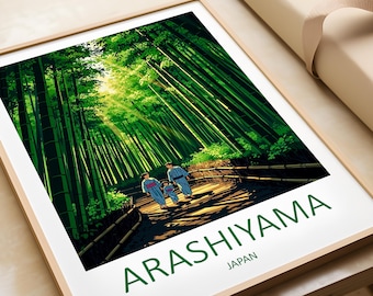May include: Framed art print featuring a vibrant illustration of the Arashiyama Bamboo Grove in Japan. The artwork depicts a family walking along a path, surrounded by tall green bamboo stalks. The print includes the text "ARASHIYAMA JAPAN" in green.
