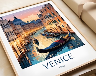 May include: A framed illustration of a canal in Venice, Italy, with gondolas and buildings along the water's edge. The sky is a soft pink and orange, and the water is a deep blue. The text "VENICE ITALY" is printed below the image.