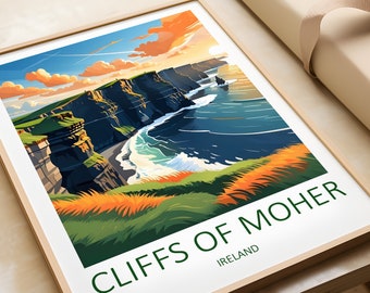 Może przedstawiać: Kolorowa ilustracja Klifów Moher w Irlandii. Obraz przedstawia dramatyczne klify, ocean i trawiasty wzgórze. Tekst "Cliffs of Moher, Ireland" jest wydrukowany pod obrazem.