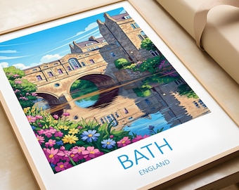 May include: Framed art print featuring a colorful illustration of the Pulteney Bridge in Bath, England. The artwork depicts the bridge over a river, with reflections and vibrant flowers in the foreground. The word "BATH" is printed in blue.
