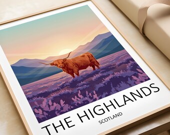 Highlands Travel Poster, Scotland Print Highland Cow Wall Art
