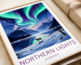 May include: Framed print featuring a vibrant depiction of the Northern Lights over a snowy landscape. The artwork showcases a deer, mountains, and a lake under a sky of green and purple hues. Text at the bottom reads "NORTHERN LIGHTS SCANDINAVIA."