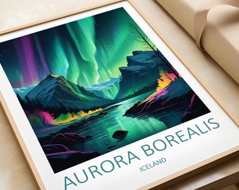 May include: A framed print of a colourful aurora borealis over a lake and mountains. The text "AURORA BOREALIS" and "ICELAND" is printed below the image.