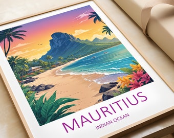 Może przedstawiać: Kolorowy plakat podróżniczy przedstawiający zachód słońca nad plażą na Mauritiusie. Plakat przedstawia górę w tle, palmy i tekst "Mauritius Ocean Indyjski".