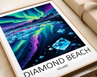 May include: A framed print of a dark blue and green landscape with a bright green aurora borealis in the sky. The landscape is covered in ice and the water reflects the aurora. The print has the text "DIAMOND BEACH ICELAND" at the bottom.