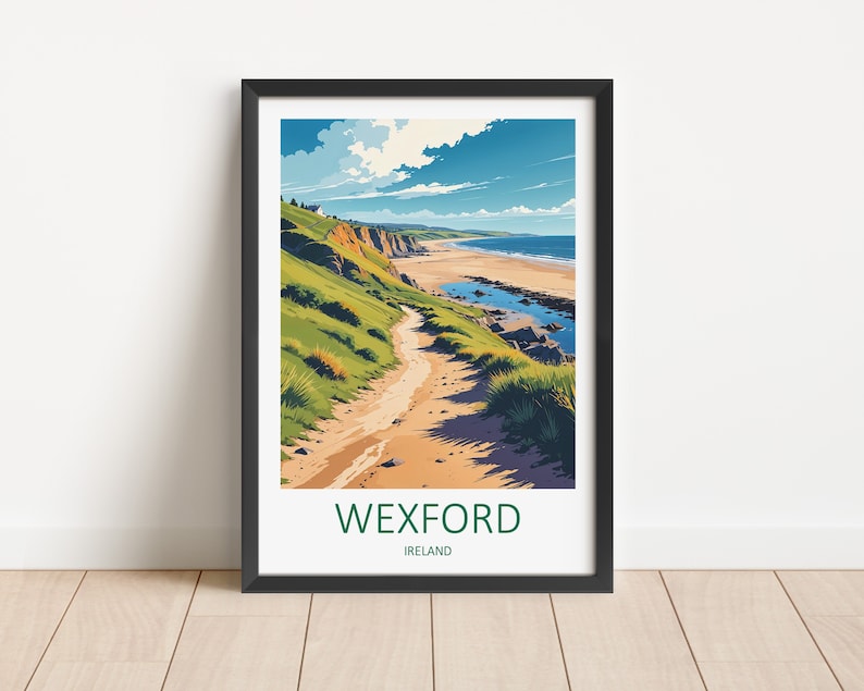 May include: A framed art print featuring a coastal landscape with a sandy beach, green cliffs, and a walking path. The artwork has a vibrant color palette of blues, greens, and browns. The text "WEXFORD IRELAND" is printed at the bottom.