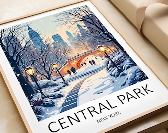 May include: A snowy winter scene in Central Park, New York City. The image shows a snow-covered path leading up to a bridge with a view of the city skyline in the background. There are trees and lampposts lining the path, and people are walking along it.