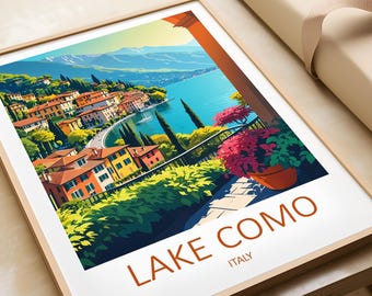 May include: A colourful illustration of Lake Como, Italy, with a view of the town and the lake from a balcony. The text "LAKE COMO" is written in orange at the bottom of the image, with "ITALY" written in smaller text below.