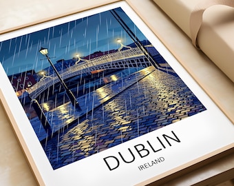 Dublin reisprint - Ierland muurdecoratie, illustratie van de Ha'penny Bridge, woondecoratie, stadsgezicht kunstwerk