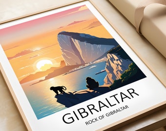 Poster di viaggio di Gibilterra – Stampa artistica mediterranea della Rocca di Gibilterra